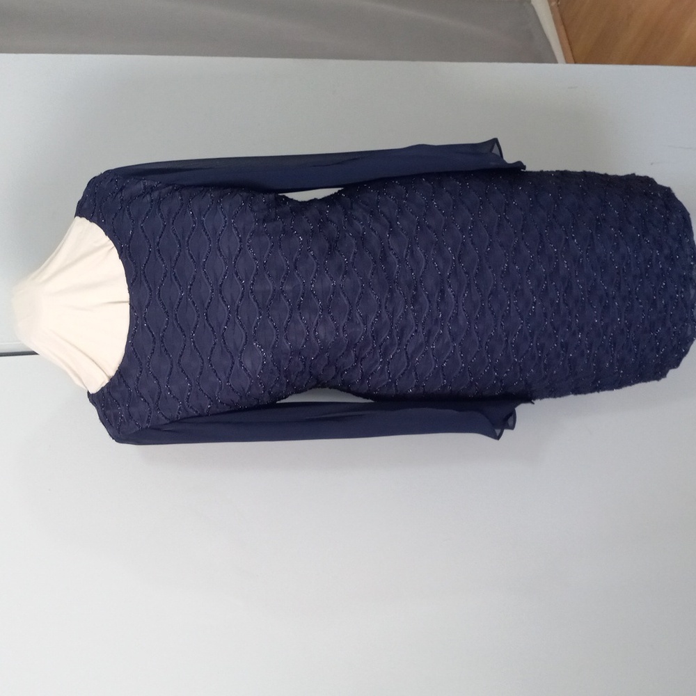 Connected Apparel Elegant Navy Blue Dress with Sheer Sleeves Size 14 - Picture 8 of 11